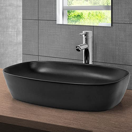 ML-Design Waschbecken aus Keramik Schwarz 605x385x140 mm, Abgerundeten Ecken, Aufsatzwaschbecken, Moderne Waschtisch, Waschschale mit Abflussloch, Waschplatz Handwaschbecken, für Badezimmer/Gäste-WC