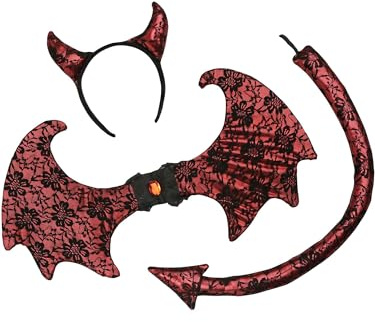 Smiffys Retro Lace Devil Kit, Black & Red Headband, Wings & Tail, Halloween Fancy Dress Accessory, Devil Dress Up Accessories