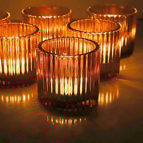 Vohocandle Braune Teelichthalter 6 Stück für Tischdekoration, Teelichtgläser Vintage für Hochzeitsfeier 7cm x 6.5cm, großer Votivkerzenhalter für Wohnzimmer (Braune, 6er-Set)