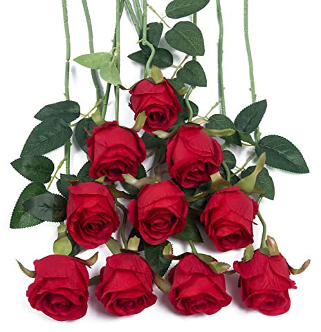 DuHouse Künstliche Seidenrosen, 10 Stück, Lange Stiele für Hochzeit, Party, Dekoration (rot)