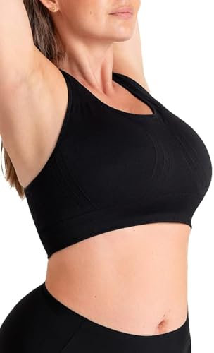 SHAPERMINT Seamless Racerback Wireless Sports Bra for Women with Removable Cups | Low Compression Womens Workout Tops, Black, XL