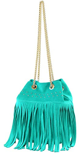 modamoda de T244 Damen Schultertasche Wildleder mit Fransen und Goldkette handmade in Italy, Farbe:Türkis_1
