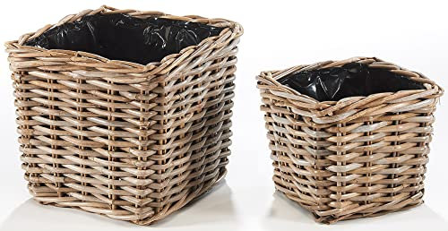 Kobolo Pflanzkorb Pflanzschale aus Rattan mit Folie in kubu Grey grau im 2er Set