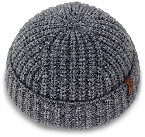 KNITDAY Chunky Wool Fisherman Short Beanie Hüte Skull Cap für Herren, Dicke Skater Streetwear Fishermans Beanie Daily Hat, Grau, M/L
