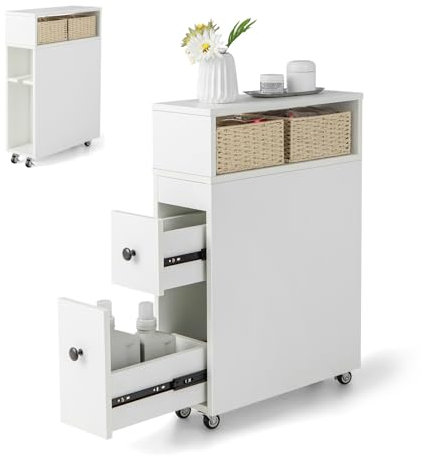 Multigot Bathroom Floor Cabinet, Freestanding Slim Storage Cupboard with 2 Slide Out Drawers & 4 Universal Wheels, Toilet Wooden Storage Unit for Entryway Kitchen Living Room