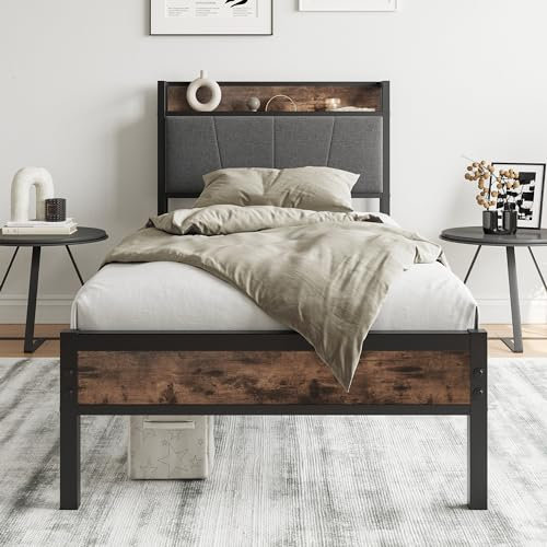 BORPHOM 3ft Single Bed Frame with Storage Headboard,Heavy Duty Metal Upholstered Platform Bed Frame,Mattress Foundation/Strong Steel Slat Support/Under-bed Storage/Easy Assembly