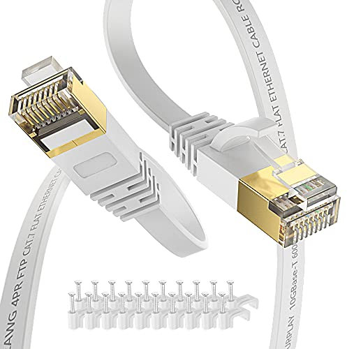 Cat7 Ethernet Cable 100FT-White-10Gbps High Speed Ultra Slim Outdoor&Indoor Double Shielded with Ground Wire & Gold-Plated RJ45 Flat Cord for IP-Camera,TV,Router,NAS(50 Clips)