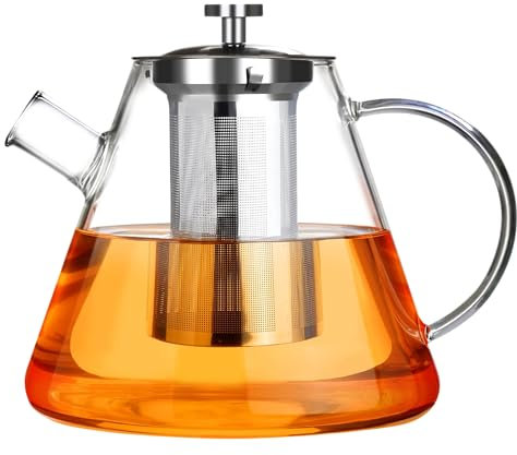 Glass Teapot ( 1500ml,52oz ) Stovetop Safe Tea Kettle with Stainless Steel Infuser Borosilicate Glass Clear Tea Pot Maker for Loose Leaf Tea Juice Beverage Hot/Iced Water