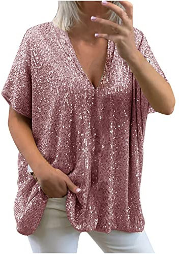 T Shirt Femmes Col V Brillant Métallisé Glitter Manches Courtes Grandes Tailles Casual Basique Paillettes Haut Décontracté Brillante Sequins Étincelle Ample Oversize Tops Fête Club Soirée Party