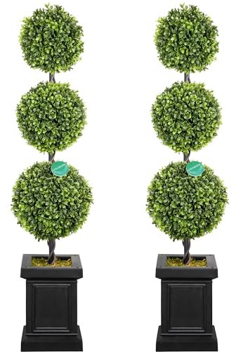 colorspec Artificial Boxwood Topiary Outdoor Set of 2, 3.5ft Outdoor Porch Trees, All-Year Green Fake Plant Topiary Trees Artificial Outdoor with Sturdy Pot for Porch Outdoor Indoor (Ball)