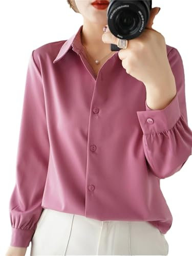 Camicetta da donna a maniche lunghe in raso con colletto a polo primaverile estate vestibilità ampia tinta unita, Lilla viola., S