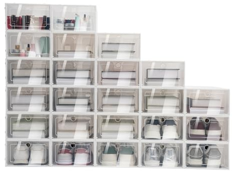 24 cajas transparentes para zapatos, apilables, organizadores de zapatos con puerta, cajas de almacenamiento de plástico para zapatos de tacón alto, zapatillas de deporte y zapatillas