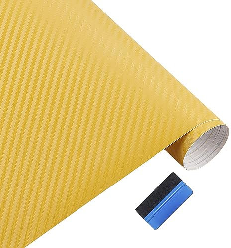 NewL Rouleau de film vinyle 3D en fibre de carbone jaune avec film adhésif sans bulles d'air et outils d'installation (50 cm x 150 cm)
