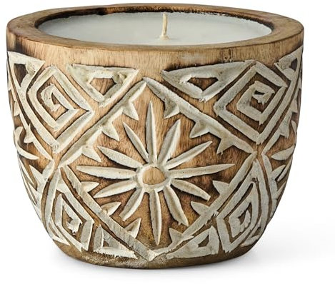Karmagonia Sojawachskerze - Handgemachte Holzkerze im Boho Stil - rustikale Kerze aus 100% natürlichem Sojawachs - Deko Kerze für Wohnzimmer, Balkon & Bad - Boho Kerze in Holzschale
