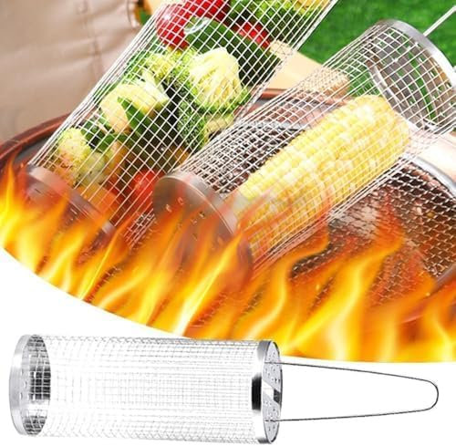 Rolling Grilling Basket,Rolling Grilling Basket for Outdoor Grilling,Round Stainless Steel Barbecue Cooking Grill Grate, Portable Outdoor Camping Barbecue Rack for Vegetables, French Fries, Fish