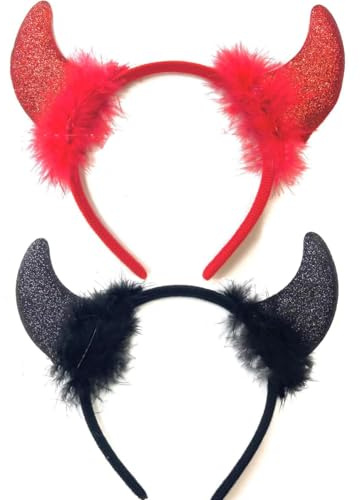 LilaLemon 2pcs Red Black Devil Horns on Headband，Fancy Dress Accessory， Halloween Christmas Devil Costume
