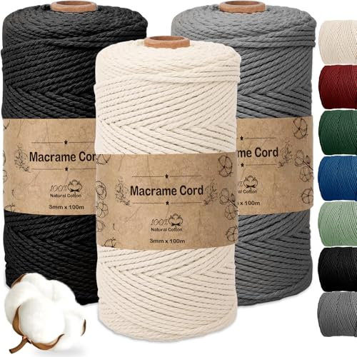 Vautvis 3 Filo Macrame 3MM, Corda Macramè 300g/100 M, Cordino Uncinetto, Corda Pettinata per Macrame, Filato Macrame Per Appendere La Parete, Fai Da Te, Artigianato, Decorazioni Boho (C)