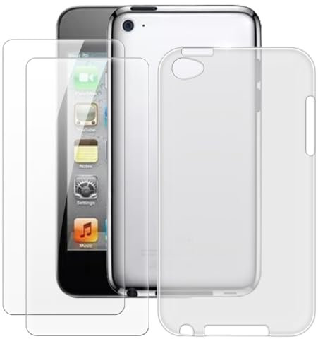 OAGELIM Schutzhülle für iPod Touch 4 (3,5 Zoll), 2 Displayschutzfolien, gehärtetes Glas, stoßfest, weiches Silikon, TPU, Weiß