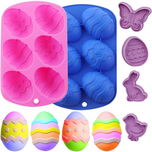 2 stampi in silicone per uova di Pasqua, 6 cavità a forma di uovo di Pasqua e 4 formine per biscotti pasquali, stampi fai da te per cioccolato, pasticceria, torte, muffin, cubetti di ghiaccio