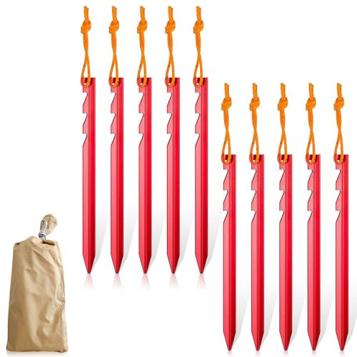 Zeltheringe 10 Stück Zelt Heringe Camping aus Aluminium mit Reflektierende Seil Erdnägel Häringe Stabil für Harten Boden Garten Wiesen Gras