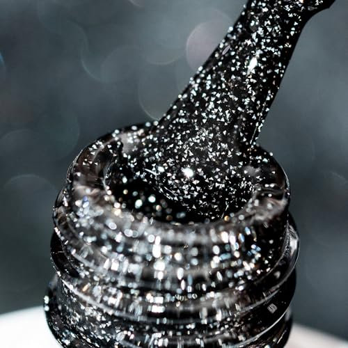 BURANO Reflective Glitter Gel Nail Polish, Black UV LED 7.3ml Sparkle Nail Polish Holographic Glitter Gel Curing Need for DIY Home S15