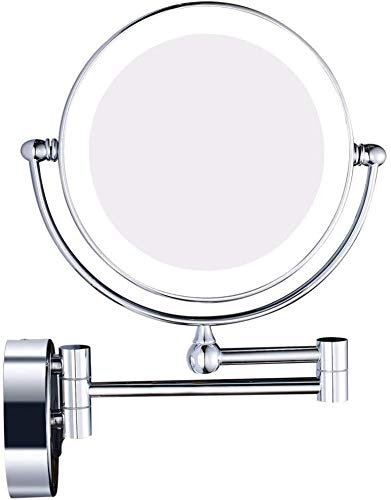 Miroir de maquillage avec lumières Miroirs de maquillage muraux à LED pour salle de bain, 8 pouces Double face en laiton éclairé grossissant rasage interrupteur pliable chrome, prise électrique, 3X