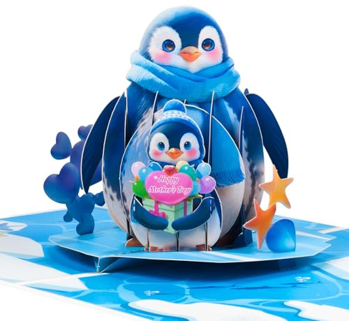 Pop Up Muttertagskarte,3D Mutter Pinguin mit kleinem Pinguin Karte,Geburtstagskarte,Karte für Mama