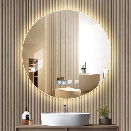Viugreum Espejo Baño con Luz LED Regulable en 3 Colores, Circular 60 * 60cm Luz de Baño Espejo de Pared con Interruptor Táctil, Función Antivaho, Ajuste de Brillo, Espejos LED Retroiluminado