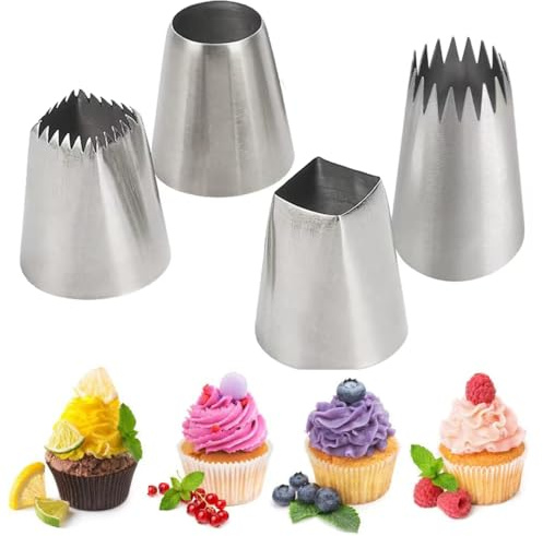 Jeu de 4 Grandes Douilles à Pâtisserie Professionnelles (F06, F02, R22L, 9FT) Douille Patisserie Carrées et Rondes pour Gâteaux, Biscuits, Compatible avec Poche à Douille Patisserie (4PCS Douilles)