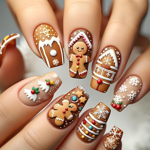 Faux ongles en pain d'épice de dessin animé - Couverture complète - À coller au chocolat - Pour femme - Flocon de neige - Faux pains d'épice - Presse homme