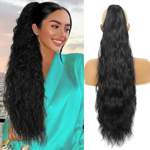 24 inch Black Ponytail Extension, Drawstring Ponytail for Women, Long Wavy Pony Tails Hair Extensions, Synthetic Hair Extensions Ponytail for Daily Use