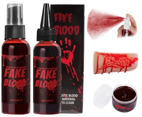 Fake Blood Set, SFX Makeup Kit - 60ml Fake Blood Spray and 60ml Dripping Blood and 40ml Coagulated Gel Blood - Halloween Makeup,Washable Fake Blood Makeup for Clothes, Zombie, Vampire Cosplay