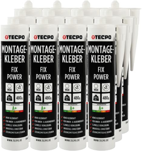TECPO Colla di montaggio Fix Power, 12 x 480 g, universale per edilizia, 200 kg, 10 cm², per pannelli acustici, polistirolo, battiscopa, per interni ed esterni, incollaggio rapido senza primer