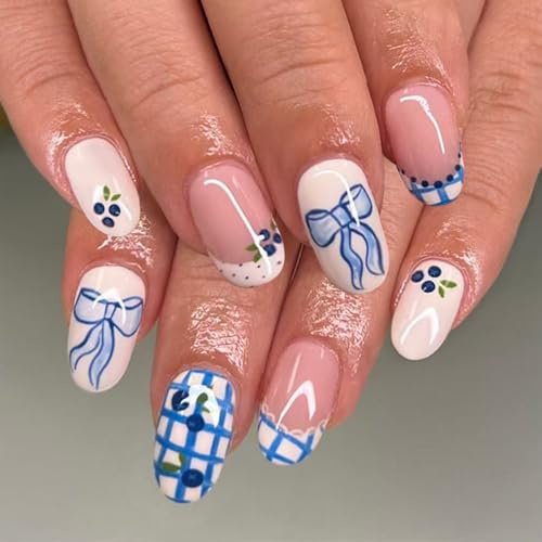 Nymora Press on Nägel - 24 Stück Mittel Almond Blau Weiß Karo French Lace Schleife Design - Künstliche Falsche Nägel Zum Aufkleben für Frauen und Mädchen