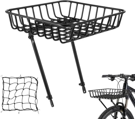 Fahrrad Gepäckträger vorne 10kg, Fahrradkorb mit Front-Gepäckträger, Großer Fahrradkorb vorne, Fahrrad Frontgepäckträger mit Haltestreben & Riemen, Aluminiumlegierung, Kompatibel mit Allen Fahrrädern