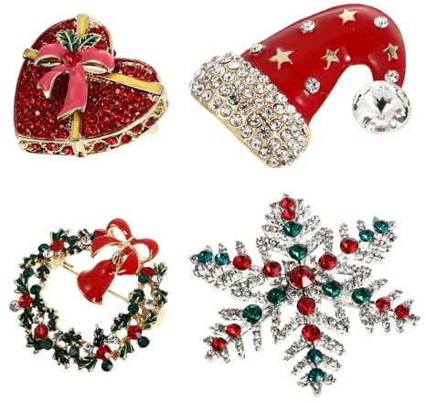 HOMSFOU 4 Stück Weihnachtsbroschen Damen Zirkonia Broschen mit Weihnachtsmotiven Legierung Leicht Glänzend Kompakt Schmuck für Weihnachtsfeier Party