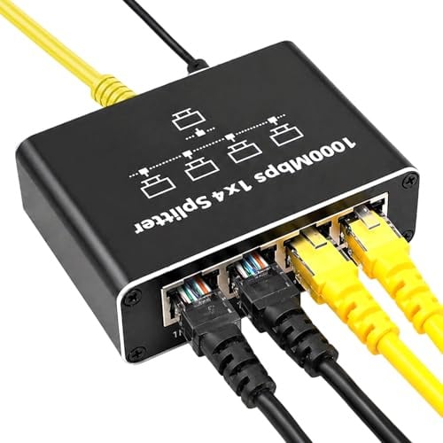Auravale Switch RJ45 4 Ports 1000Mbps Ethernet USB C para Router TV | 1 a 4 Hub Ethernet Network Splitter con Cable de Alimentación USB-C para Ordenadores Conmutadores Decodificadores Smart TV