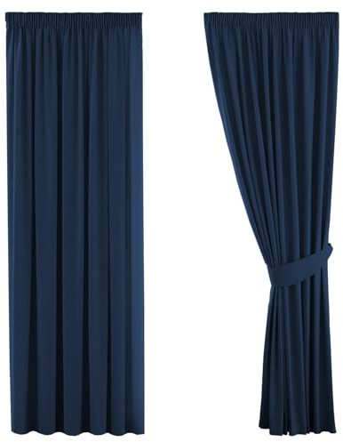 H.Versailtex Solid Navy Blackout Thermal Insulated Pencil Pleat Curtains for Living Room/Bedroom, Energy Efficient and Noise Reducing Window Treatments Curtain, 66 Width x 54 Drop (2 Panels)