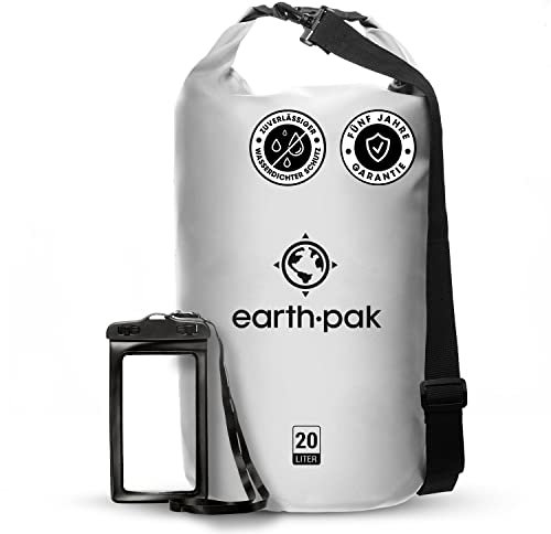 Earth Pak – Wasserdichter Packsack mit Schultergurt und wasserfester Handyhülle – Ideale Rolltop Tasche beim Kajak Fahren, Wandern, Camping, Angeln, Bootfahren und Rafting (Weiß, 40L)