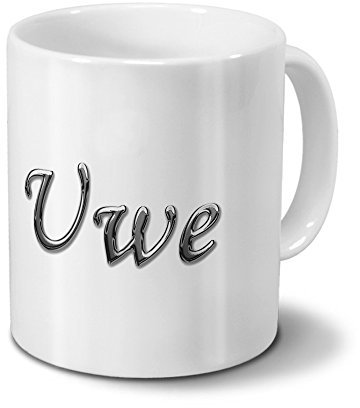 printplanet Tasse mit Namen Uwe - Motiv Chrom-Schriftzug - Namenstasse, Kaffeebecher, Mug, Becher, Kaffeetasse - Farbe Weiß