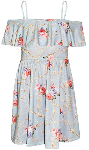 A2Z 4 Kids Girls Skater Dress - Off Shoulder Floral Dusty Blue 7-8