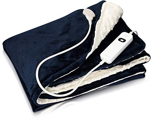 Navaris Blue/White Heated Throw Electric Blanket, 180 x 130cm Heated Blanket Machine Washable Electric Throw Overblanket with 3HR Auto-Off Timer and 3 x Control Heat Settings