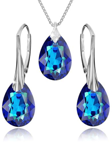 Panda-Jewellery Ohrringe Silber 925 Hängend - Kette Damen mit Anhänger - Schmuck Set für Sie - mit Kristallen - Ohrringe Hängend und Halskette Damen Silber 925 in Form eines Tropfes (Bermuda Blue)