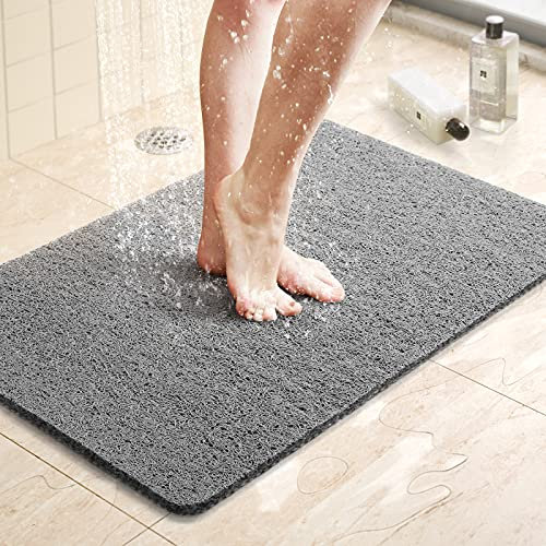 LuxStep Duschmatte, Badewannenmatte, 61 x 40,6 cm, rutschfeste Badematte mit Abfluss, schnell trocknend, PVC Luffa Badematte für Badewanne, Dusche, Badezimmer (phthalatfrei, grau)