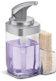 simplehuman KT1189 650ml Square Push Pump Liquid Soap Dispenser with Removable Sponge Caddy, Effortless Dispensing, Precision Lever, Easy to Refill, Large Capacity, Brushed Nickel