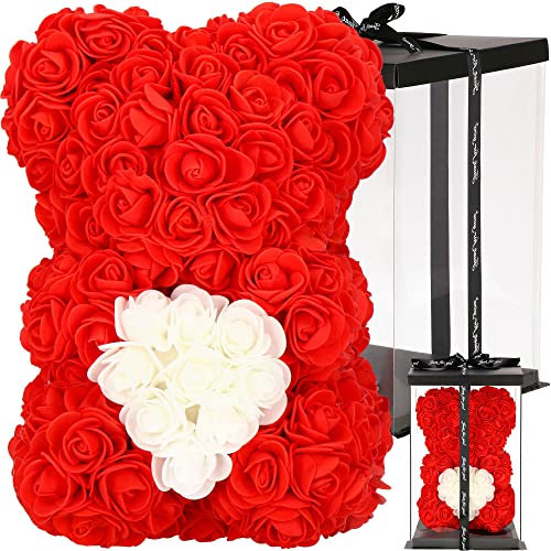 SPRINGOS Teddybär aus Rosen - Rosenbär mit Herz, Blumen Teddybär, Valentinstag, Geburtstag, Hochzeit, Rosa Rosen Teddy Bear