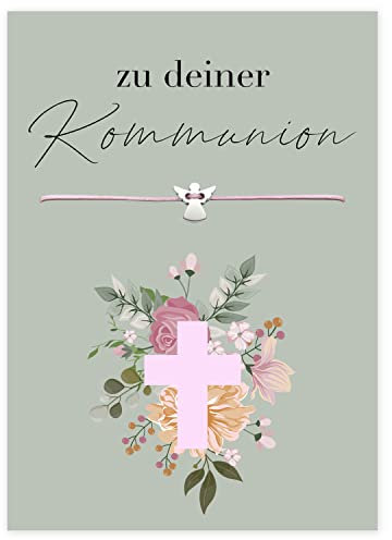 Selfmade Jewelry Armband Damen Kommunion Schutzengel Handgemachtes Makramee-Armbändchen mit Engelchen Größenverstellbar auf Geschenk-Karte mit Kreuz (Silber - Rosa)