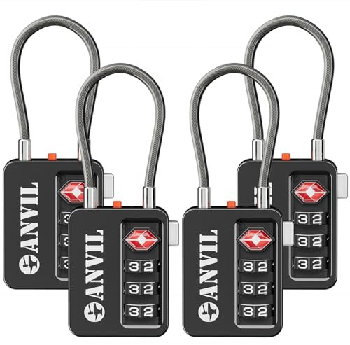 ANVIL TSA-Schlösser für Gepäck mit Suchwarnung: langlebige Kabelkombinationsschlösser, TSA-geprüft - Sichere Reiseschlösser für Koffer, Rucksäcke & Waffenkoffer (4, Schwarz)