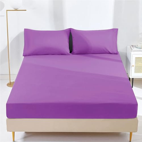 AR Ware Double Fitted Sheet Non Iron Wrinkle, 25cm Deep Ultra Soft Microfiber Elastic Fitted Bed Sheets Easy Care, Fade Resistant (Purple)