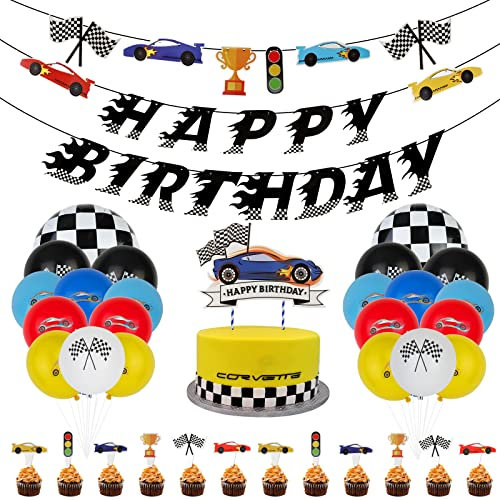 OOTSR 39-Teiliger Rennwagen Party Dekorationen, Geburtstagsparty Partyzubehör für Jungen Kinder (Happy Birthday Banner + Luftballons + Cupcake Topper)